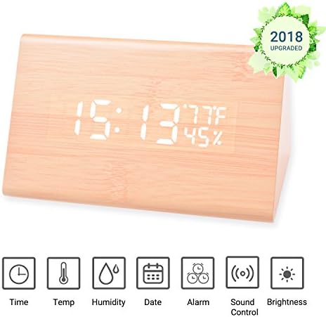Wooden Digital Alarm Clock with LED Backlight/3 Levels Adjustable Brightness/3 Groups of Alarm Time/Displays Time,Date,Temperature and Humidity