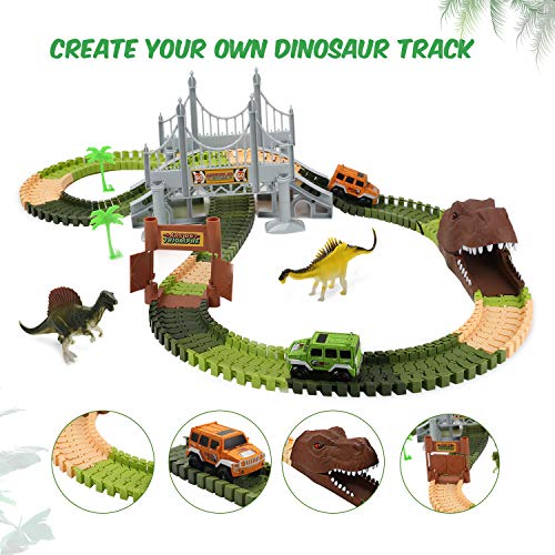 Eaglestone Dinosaur Toys Race Track Set 194 Pcs For Kids Flexible Train Tracks To Create A
