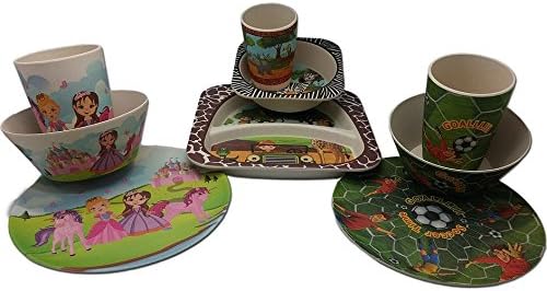 Bamboo Kids Breakfast Plate+Cereal Bowl+Cup -Children Dinner Set- Disney/Football/Farm/Safari Design (Safari)
