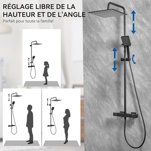 Auralum Matte Black Thermostatic Shower Column, Complete Shower Set with 30 cm Rain Canopy and 6 Jets Shower Head, Anti-Limescale Bathroom Mixer, Adjustable Bar 88-124 cm
