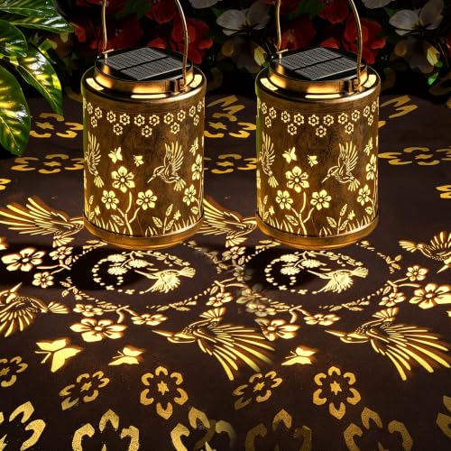SOLARBABY Solar Lantern for Outdoor, 2 Pieces Hummingbird Solar Lamps for Garden, Metal, Waterproof Garden Lights for Outdoors Patio Garden Terrace Balcony, Warm White