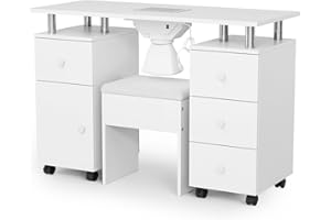 OmySalon Nail Desk and Chair Set, with Stool, Dust Collector, Arm Rest & Wheels, Acetone Resistant Desktop, Manicure Table Nail Table Station for Nail Tech w/Drawers Storage (White)