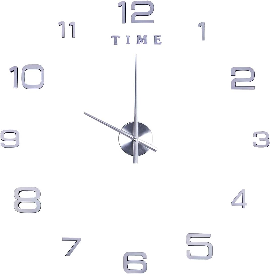 SEJU Frameless Modern Large DIY Wall Clock 3D Stickers Home office Removable Decoration (2-Year Warranty) (Silver)