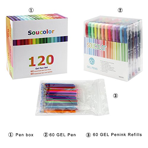 Soucolor 120 Coloring Gel Pens Set, 60 Colored Pens Plus 60 Ink Refills