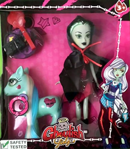 Ghoulish Girlz with Black &amp; Red Dress &amp; Blue Unicorn Pony with Light up Horn &amp; Blinking Eyes - Toy Doll