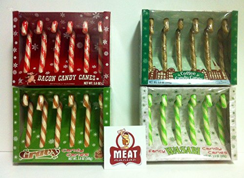 MEAT MANIAC ULTIMATE Novelty Candy Canes Sampler Gift Pack with Sticker- Bacon Candy Canes, Coffee Candy Canes, Gravy Candy Canes & Wasabi Candy Canes