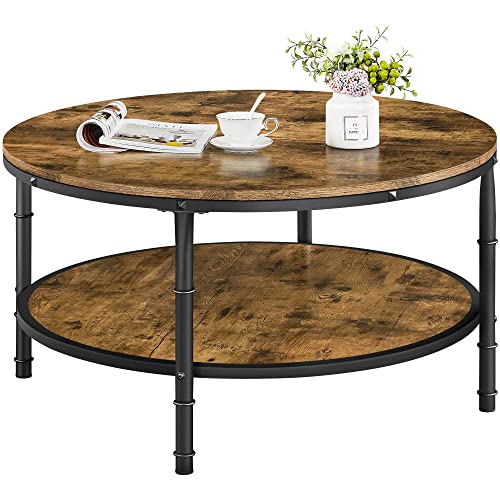 Yaheetech Round Coffee Table, Industrial Coffee Table with Shelf, 2