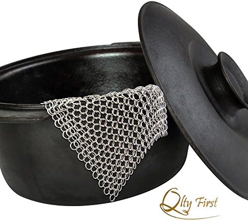 Qlty First Cast Iron Cleaner - Made of XL 7x7 Inch Premium 316L Stainless Steel Chainmail Scrubber, Includes a Dish Drying Cloth