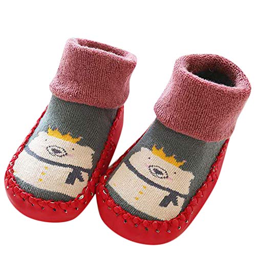 Cute Baby Boys Girls Toddlers Moccasins Cartoon Knitted Non-Skid Indoor Shoes Socks/Slippers First Walker Shoes (Red, Size:6-12 Months)