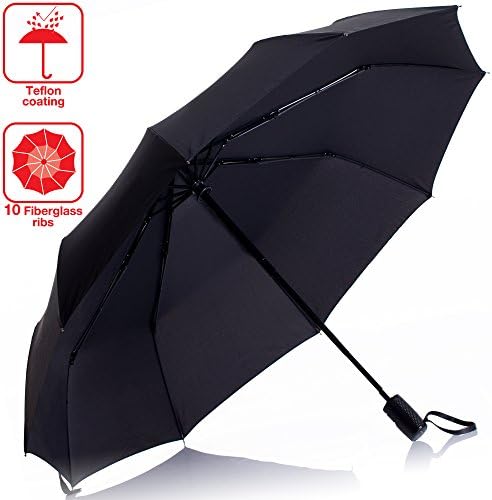 Umbrella Windproof Travel Compact Durable - Black Auto Open/Close Folding Portable