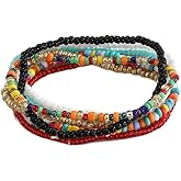 JWICOS 7Pcs Boho Beaded African Bracelet for Women Colorful Stretch Seed Beads Rainbow Bracelets Glass Bead Bracelet Elastic Hand Chain Accessories