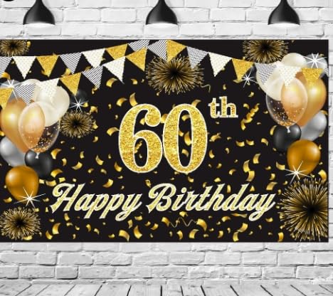 VGRDTW 60th Birthday Decorations for Men, 60th Birthday Banner, Adult Celebration Backdrop 180x110cm Black & Gold Party for Photo Booth Sign Poster Backgrounds