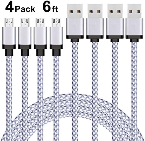 Micro USB Cable, 4Pack 6FT Micro USB to USB Charging Cable, Nylon Braided Fast Charger Cable for Android/Windows/Tablet/Samsung/Blackberry/HTC/LG/Nexus/Echo Dot/PS4/XBOX and More(White)