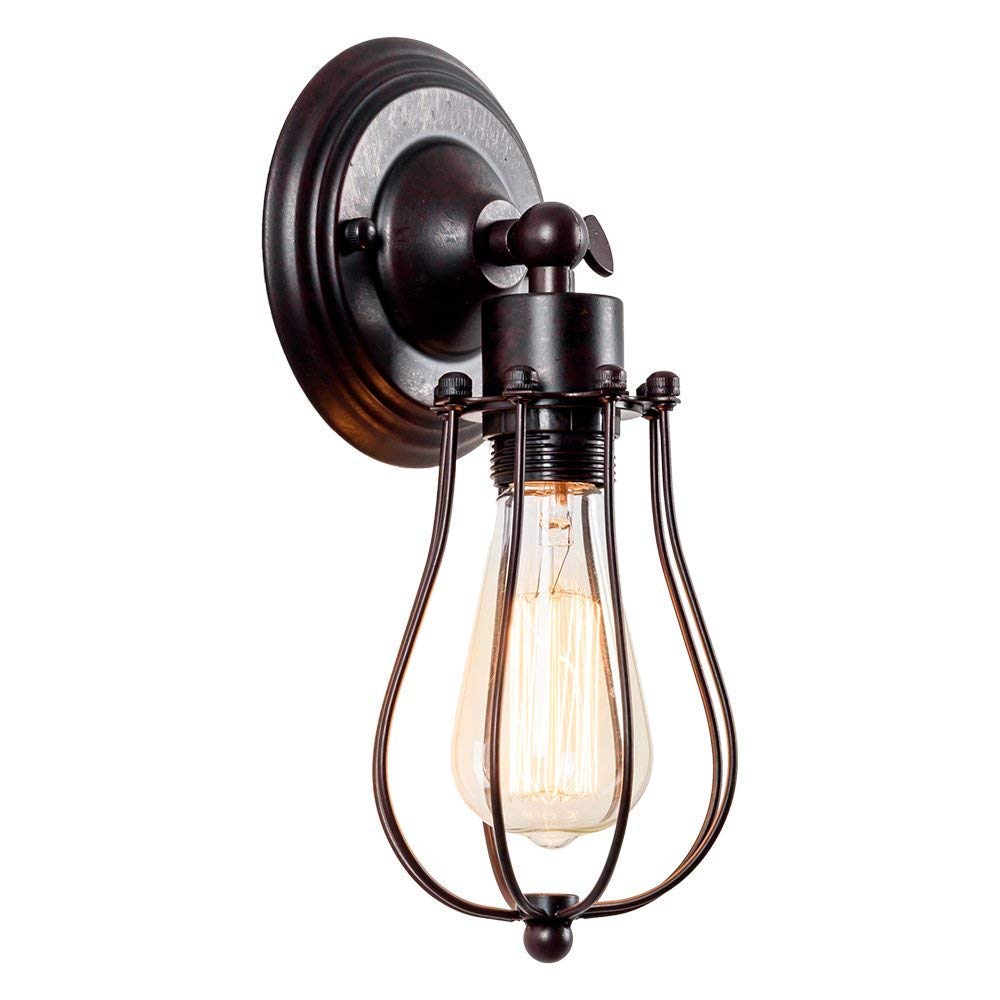 LULING Industrial Wall Sconce Vintage Lighting Adjustable Lamp Rustic Wire Metal Cage Oil Rubbed Wall Light Shade Edison Style Antique Fixture Porch Mirror (No Bulb) (Rust Color)