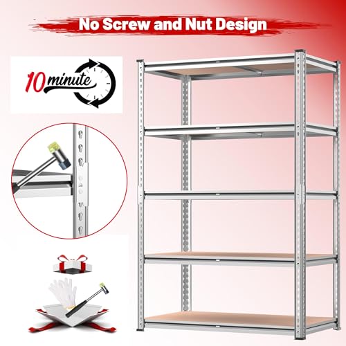 2020LBS Garage Shelving Heavy Duty 5 Tier Storage Shelves Adjustable Metal Shelving for Basement, Warehouse, Pantry, Closet, Kitchen, Easy Assembly, 90cm x 40cm x 180cm, Galvanized, White