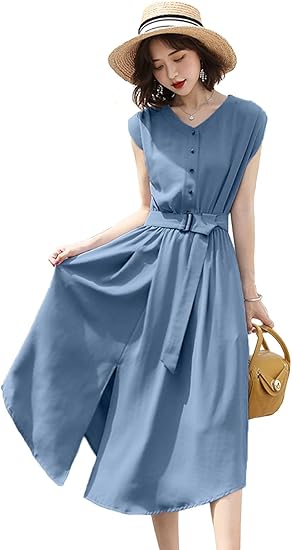 Amazon Co Jp ワンピース レディース 夏 ノースリーブ シフォン ワンピース ロング 半袖 Vネック 薄手 着やせ エレガント ファッション