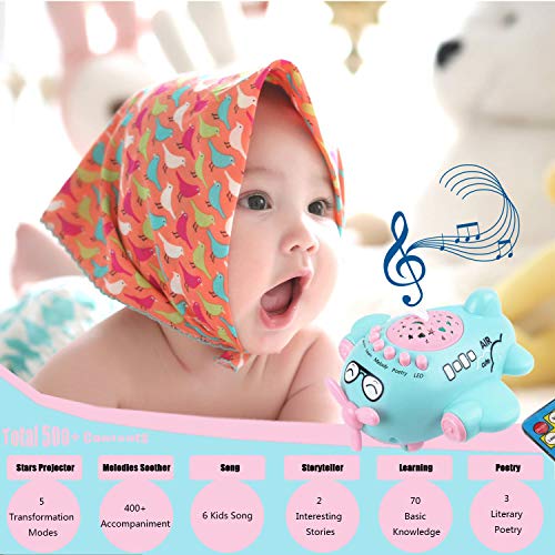 Baby Sleep Soother Night Light Projector Push and Go Plane Educational Crib Toy with Remote Melodies Music Story Poetry Star Light for Toddler Indoor or Outdoor Gift Blue (500+ Contents)