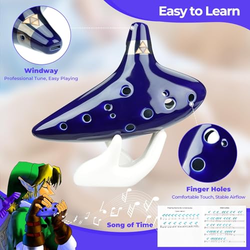 Ocarina, Ocarina 12 Tons Alto C com Cerâmica 12 Furos c/Bag e Suporte, Embalagem em Caixa Colorida, Flauta de cerâmica de 16 * 10 * 5,5 CM
