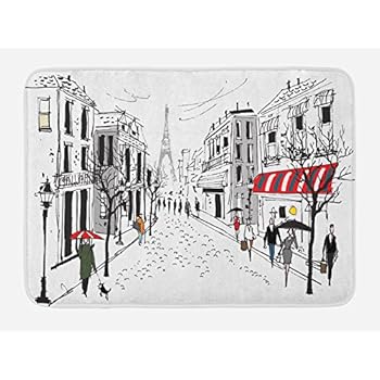 Ambesonne Paris Bath Mat, Old French Pedestrians Stores Trees and The Silhouette of Eifffel Urban Illustration, Plush Bathroom Decor Mat with Non Slip Backing, 29.5