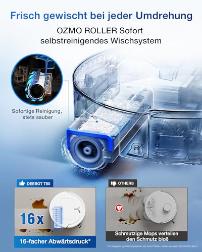 ECOVACS DEEBOT T80 Omni Saugroboter mit Wischfunktion, 18.000 Pa, OZMO Roller Wischwalze mit kontinuierlicher Frischwasser-Selbstreinigung, ZeroTangle 3.0,Moppwäsche mit 40-75℃ heißem Wasser, Schwarz thumbnail 2