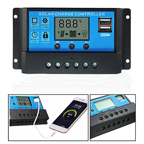 10A/20A/30A Solar Panels Battery Charge Controller Regulator with Dual USB Port Voltage LED Display 12V/24V Overload Protection (Current Type: 10A)
