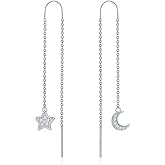 LWXIE Diamond Moon Star Threader Earrings 925 Sterling Silver Asymmetrical Earrings Dangling Charm Jewelry Gifts for Women Wife