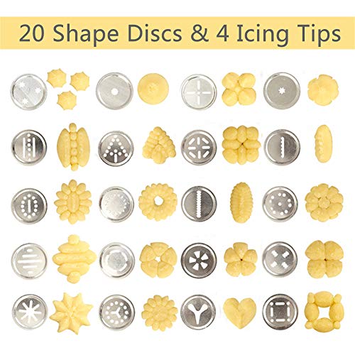 Shule Cookie Press Gun Kit for DIY Biscuit Maker and Decoration with 20 Stainless Steel Cookie discs and 4 nozzles,Silver
