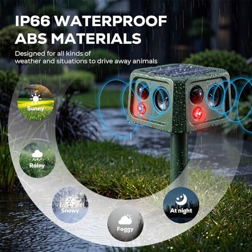 outsweat Outdoor Cat Repellent, 360° Ultrasonic Solar Mole Repellent with Motion Detector and Flashing Light, Waterproof IP66 5 Modes Snake Repellent for Voles Wild Raccoon Rabbit