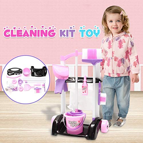 House Cleaning Trolley Set Little Helper Kids Pretend Play Toy Cleaning Play Set w/ Broom , Mop , Trolley & Cleaning Accessories - Thumbnail 5