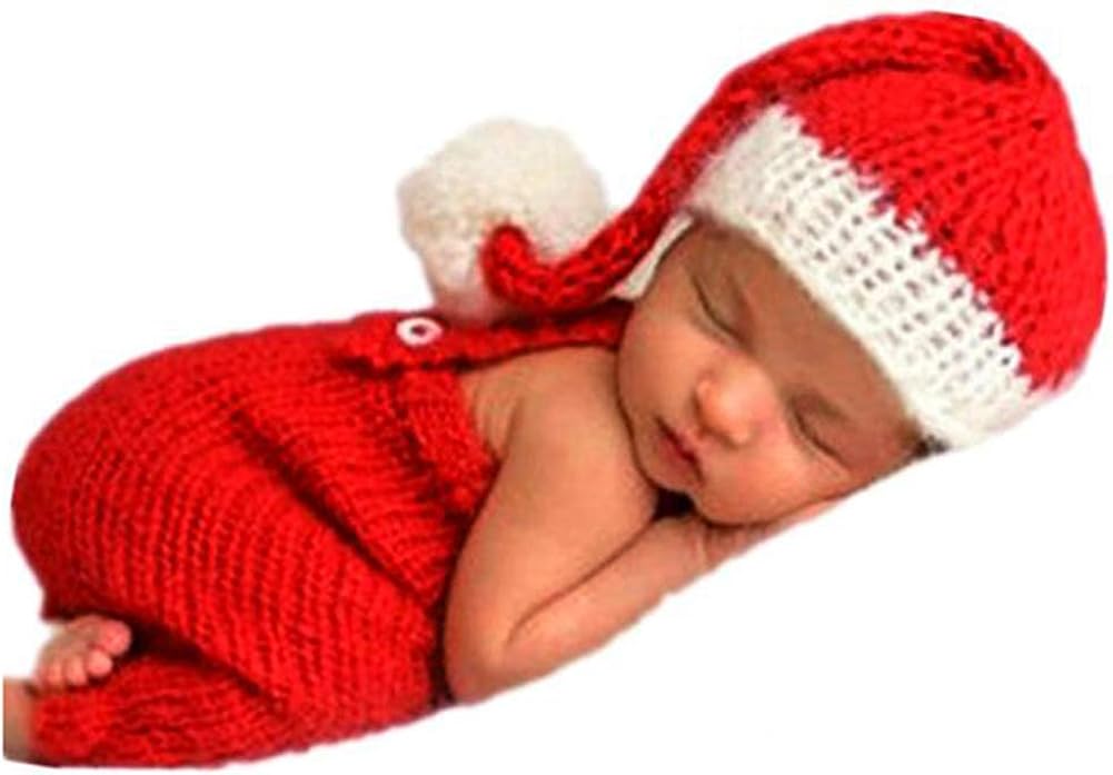 MommyYa Newborn Boy Photography Outfits Props Handmade Knitted Crochet Baby Photo Costume Infant Shoot Accessories Cute Christmas Hat Pants Red, Medium