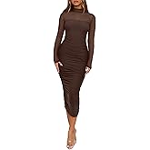 REORIA Women's Summer Mesh Sheer Short Sleeve Midi Ruched Bodycon Dress Mock Neck Elegant Evening Party Cocktail Dresses