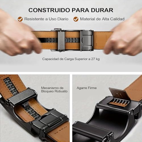 2 Cinturones de Piel Genuina para Hombre-120 CM, Cinturón Ajustable y Recortable para Hombre, Hebilla Automática de Trinquete, Regalos del Día del Padre para Papás, Esposos y Novios