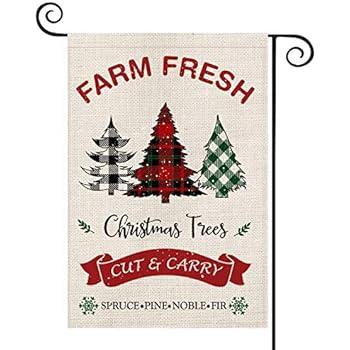 AVOIN Farm Fresh Christmas Trees Garden Flag Vertical Double Sized, Winter Holiday Buffalo Plaid Farmhouse Burlap Yard Outdoor Decoration 12.5 x 18 Inch