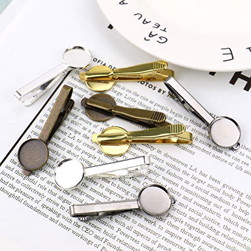 JETEHO 8 pcs Tie Clip Blanks with 16mm Round Bezel Tie Clips-Gold, Silver, Bronze, Black