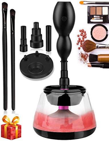 Makeup Brush Cleaner, VEIPAO [2018 Upgraded] Brush Cleaner 360 Rotation Clean and Dry Makeup Brushes In Seconds Electric Makeup Brush Cleaner with 8 Collars for Most Brushes Bonus 2pcs Eyebrow Brushes