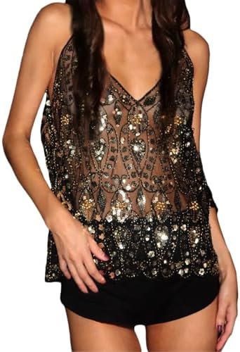 Women Y2K Sequin Cami Top Beaded Sparkle Sleeveless V Neck Tank