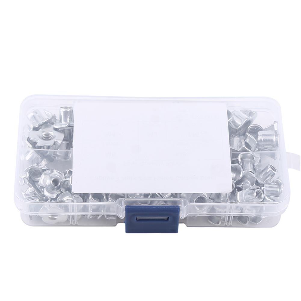 M3/M4/M5/M6/M8 T-Nuts, 90Pcs Captive Zinc Plated Carbon Steel Four Pronged T Nuts for Wood Furniture