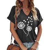 PUCKOLITY Vintage Flowers V Neck Shirt for Women Boho Floral Wildflowers Graphic Tee Casual Cottagecore Summer T Shirt