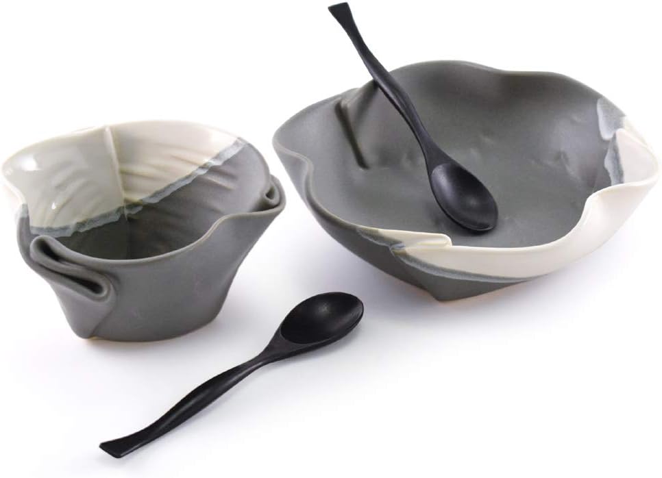 Contemporary Twist Salad and Soup Bowl Set in Grey/White, Handmade Pottery