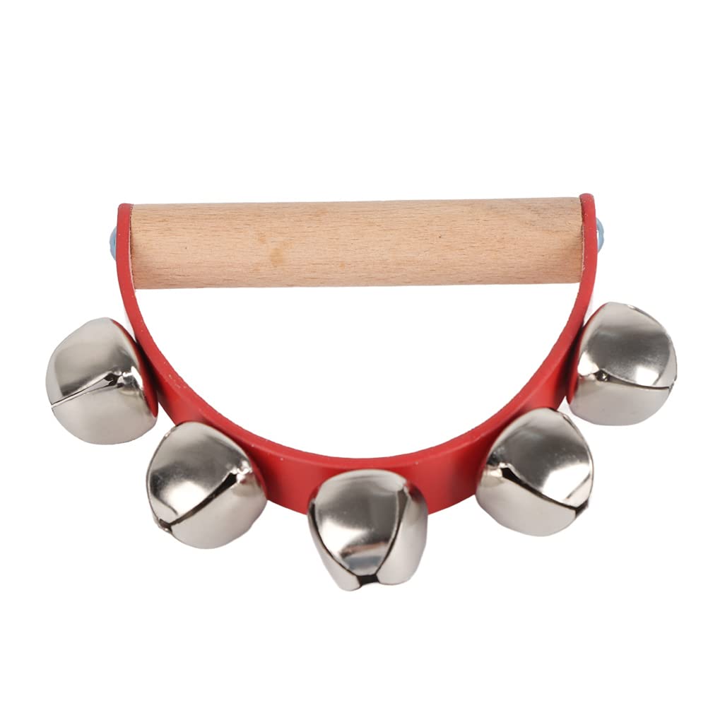 Christmas Sleigh Bells with Wooden Handle, Handheld Jingling Bells for Holiday Caroling, Red and Gold 5 Bells Musical Instrument for Christmas Decorations