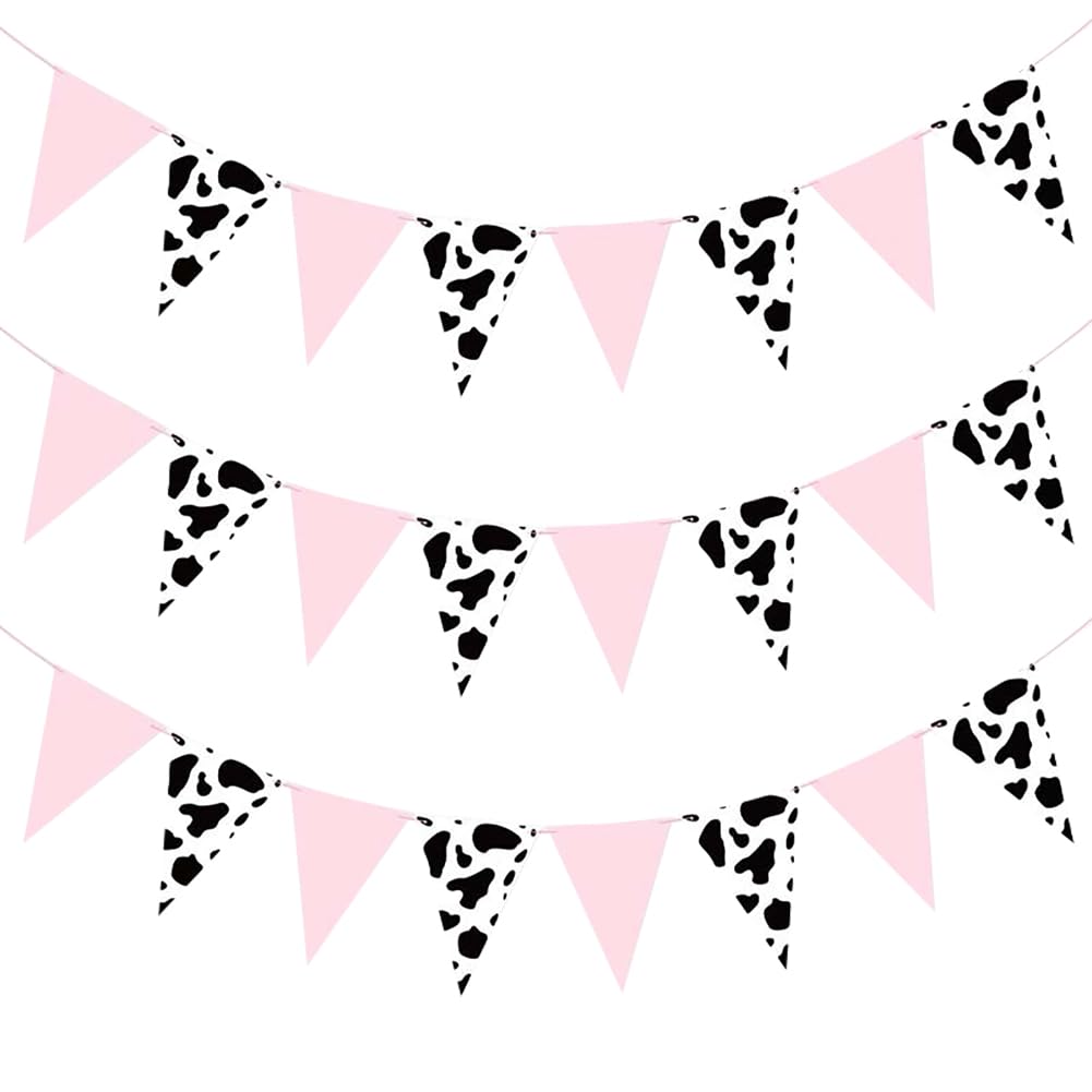 HugeDE Cow Print Banners Cow Theme Party Decor Banner Triangle Flag Paper Banner Farm Style Banner Wall Hanging Garland Banner Cowboy Themed Western Party Decorations A