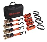 Rocket Straps - Premium Ratchet Tie Downs 4 Pack - 15 Feet - 1500 Pound - Heavy Duty Ratcheting Hold Down Motorcycle, ATV, Moving Appliances, Camping, Lawn Equipment and Truck Use - Secure Your Cargo