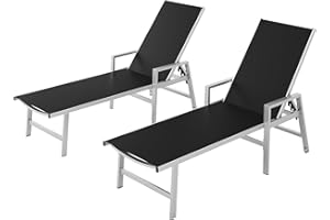 VEXWALX Patio Chaise Lounge Chair Outdoor with Wheels&Armrests, Aluminum Pool Lounge Chairs Set of 2 Five-Position Adjustable Recliner, Outdoor Beach Lounge Chairs for Poolside, Patio, Deck, Garden, Black