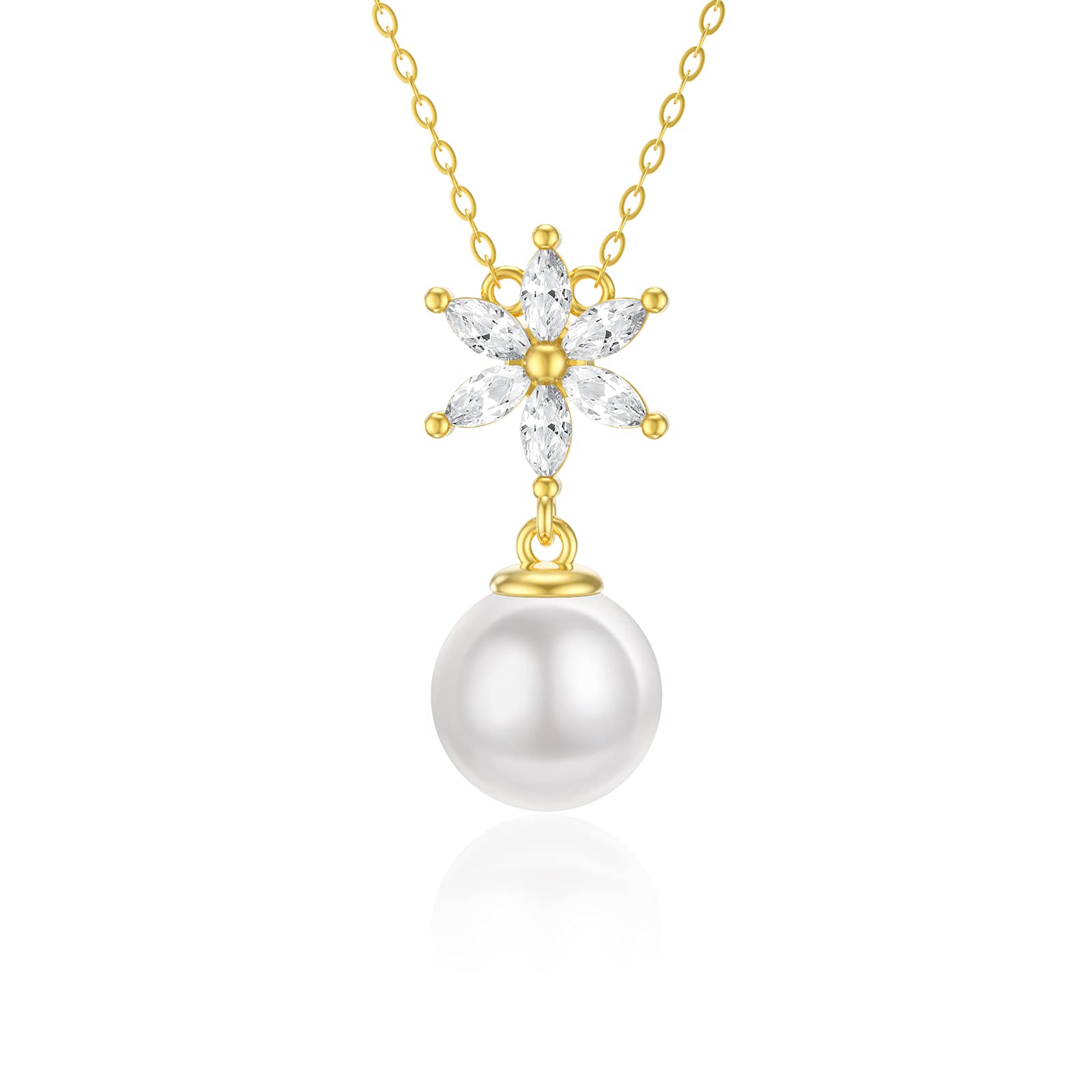 SISGEM 9 ct Gold Pearl Necklace, Solid Yellow Gold Daisy Pendant Necklace with 9mm Freshwater Pearl, for Women Girls Ladies Mum Sisters, 16"+1"+1"