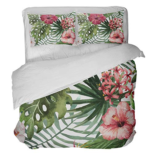 Tropical Rainforest Plant Duvet Cover Set Queen with Zipper Closure, Red Hibiscus Flower Pattern Printed Comforter Cover Bedding Sets with 2 Pillow Cases (Hibiscus,Queen)
