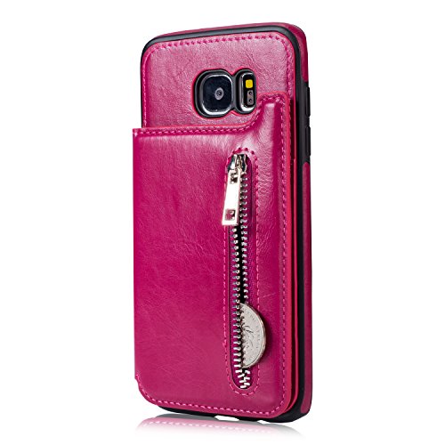 For Samsung Galaxy S7 Pocket Case, Aearl TPU Bumper Shell Back Magnetic Button Closure Vintage PU Leather Cover Zipper Wallet Purse Card Holder Slot Kickstand Case for Samsung Galaxy S7 - Rose Red - Thumbnail 3