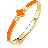 KYJAC 18k Gold Plated Stainless Steel Four Leaf Clover Bracelet for Women - Non-Tarnish, Precision Polished Chunky Oval Bangle in Black, White, Pink, Red Clover Bangle