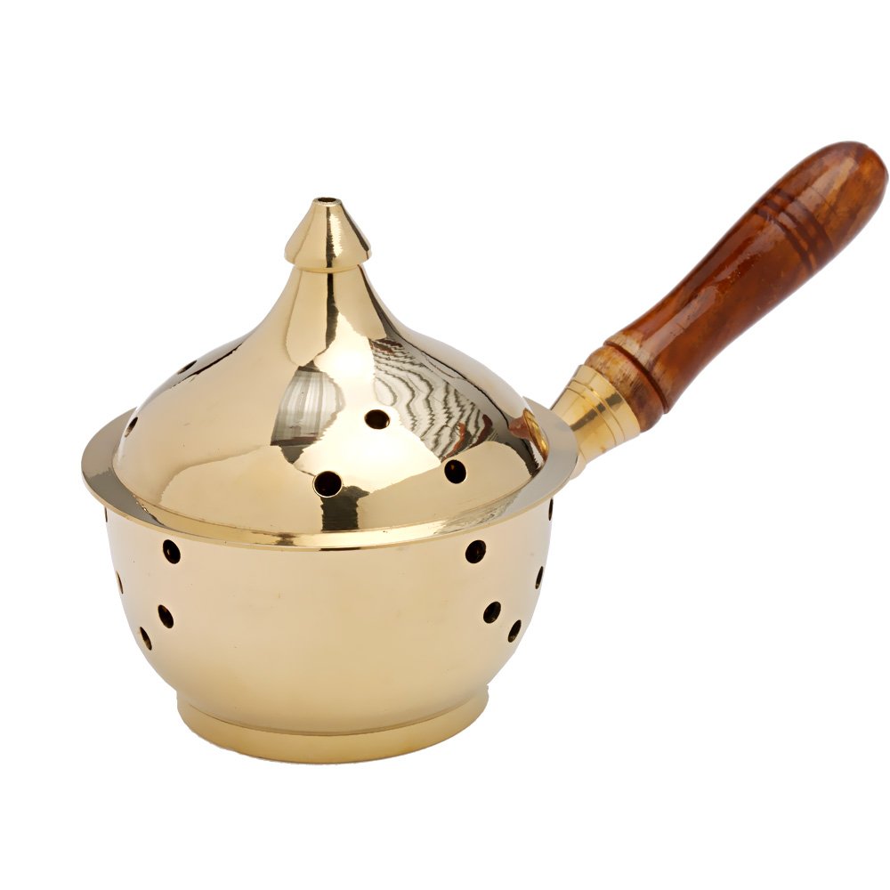 NKlaus incense pan with wooden handle incense burner brass gold new 7582