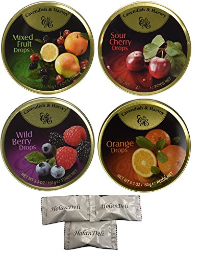 Cavendish & Harvey 4 Flavors Candy Tin Variety, 5.3 Oz. Orange, Wildberry, Sour Cherry, Mixed Fruit Drops. Includes HolanDeli Chocolate Mints.