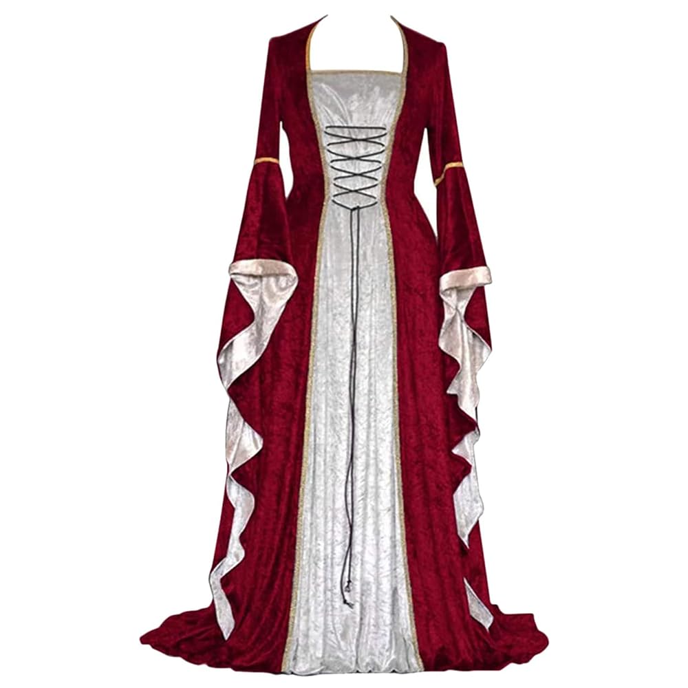 Feynman Women's Retro Medieval Dress with Trumpet Sleeves, Medieval Victorian Queen Dresses, Renaissance Gothic Maxi Dress, Carnival, Halloween Party, Princess Costume, Red, S โ image 1